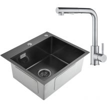 Cecipa - Lavello da cucina nero 50 x 45 x 18,5 cm + rubinetto da cucina estraibile in acciaio inox