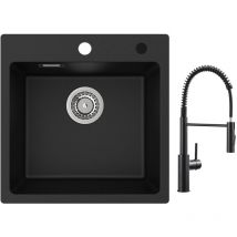 Lavello 1 Vasca in Quarzo e Resina 45x45 cm Lavello Cucina Lavello Incasso + Miscelatore Cucina a Molla con Doccetta Estraibile, Rubinetto Lavello 2