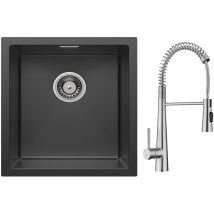 Cecipa Max - Lavello Cucina 1 Vasca 40x44cm Nero Lavello Acciaio Inox + Miscelatore da Cucina a Molla con 3 Tipi di Spruzzo, Spazzolato