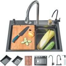 Suguword - Lavello Cucina 1 Vasca 60x45cm, Grigio Scuro Lavello in Acciaio Inox Lavello Cucina Multifunzionale in Stile Contemporaneo Con set