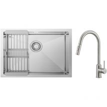 Cecipa Max - Lavello Cucina 1 Vasca Spazzolato con Cestello Scarico 60×44cm + Miscelatore Cucina con Doccetta Estraibile Girevole a 360° Spazzolato