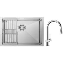 Cecipa Max - Lavello Cucina 1 Vasca Spazzolato con Cestello Scarico 60×44cm + Miscelatore Cucina con Doccia Estraibile con 2 Tipologie di Doccia