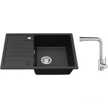 Cecipa - Lavello cucina con gocciolatoio Nero 65 x 45 cm Lavello incasso Due sensi di installazione + Miscelatore cucina con doccetta Estraibile - 2