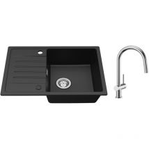 Lavello cucina con gocciolatoio Nero 65 x 45 cm Lavello incasso Due sensi di installazione + Miscelatore cucina con doccetta estraibile Spazzolata