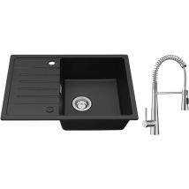 Cecipa Max - Lavello cucina con gocciolatoio Nero 65 x 45 cm Lavello incasso Due sensi di installazione + Miscelatore da Cucina a Molla con 3 Tipi di