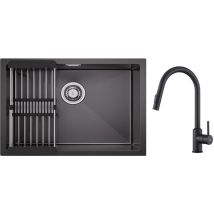 Cecipa Max - Lavello Cucina Inox 1 Vasca 60×44CM con Cestello Scarico + Miscelatore Cucina con Doccetta Estraibile Girevole 360° Nero