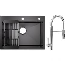 Cecipa Max - Lavello Cucina Nero 1 vasca 60×45 cm con cestello di scarico + Miscelatore da Cucina a Molla con 3 Tipi di Spruzzo, Spazzolato