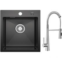 Cecipa Max - Lavello da Cucina 1 vasca 40×45 cm Nero Lavello da Cucina in Acciaio Inox 304 da Incasso + Miscelatore da Cucina a Molla con 3 Tipi di