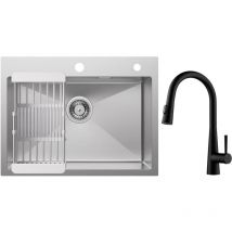 Cecipa - Lavello da cucina 1 vasca 60×45 cm con cestello di scarico Lavello da cucina spazzolato + Miscelatore cucina con doccetta estraibile, 3