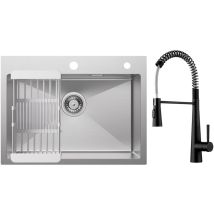 Cecipa Max - Lavello da cucina 1 vasca 60×45 cm con cestello di scarico Lavello da cucina spazzolato + Miscelatore da Cucina a Molla con 3 Tipi di