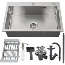 Lonheo - Fregadero Cocina en Acero Inoxidable 68 x 45cm, Fregaderos Cuadrado con Dispensador de Jabón, Cesta de drenaje ajustable, Juego de Desagüe y