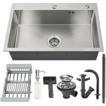 Lavello da Cucina 1 Vasca 68 x 45 cm Lavorato a Mano Lavello Incasso Vasca Singola in Acciaio Inox con Erogatore di Sapone e Cestello regolabile