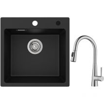 Cecipa Max - Lavello da cucina 1 vasca in quarzo e resina 45x45 cm Lavello da cucina ad incasso 1 vasca + Miscelatore cucina con doccetta estraibile,