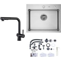 Auralum - Lavello da Cucina 55x45cm Lavello Incasso in Acciaio Inox + Rubinetto da Cucina con Doccetta Estraibile 2 modalità, Girevole a 360