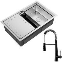 Cecipa Max - Lavello da Cucina 70×44 cm 1 vasca con Gocciolatoio e Vaschetta Lavello da Incasso in Acciaio Inox Spazzolato + Miscelatore da Cucina a