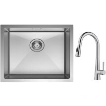 Cecipa Max - Lavello da cucina a 1 vasca 5044 cm in acciaio inossidabile spazzolato + miscelatore da cucina con doccetta estraibile, 3 modalità di