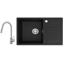 Cecipa - Lavello da Cucina 1 Vasca con Gocciolatoio, Lavello da Cucina in Quarzo e Resina 78x45 cm Lavello Nero di Grande Capacità + Miscelatore da