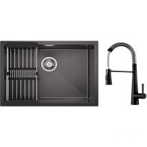 Cecipa Max - Lavello da cucina in acciaio inox 1 vasca 60×44 cm con cestello di drenaggio + miscelatore da cucina a molla con 3 modalità di uscita