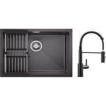 Cecipa Max - Lavello Da Cucina In Acciaio Inox 1 Vasca 60×44 Cm Con Cestello Di Scarico + Miscelatore Da Cucina A Molla Nera Con Doccetta Estraibile