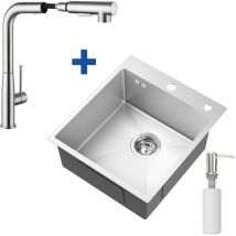 Auralum - Lavello da cucina in acciaio inox 44 x 49 cm + rubinetto estraibile ad alta pressione, lavello per mobile da cucina da 50 cm o più grande,