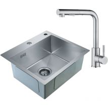 Cecipa - Lavelli da Cucina Trafilatura in Acciaio Inox 50 x 45 x 18.5 cm, Senza distributore di sapone + Rubinetto da Cucina Tirabile in Acciaio