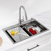 Lavello da Cucina 1 Vasca con Gocciolatoio + Vaschetta + Dosatore Sapone in Omaggio, Lavello da Cucina in Acciaio Inox 70×45 cm Argento - Cecipa