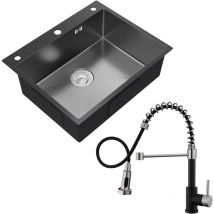Auralum Max - Lavello in acciaio inox 60 x 49 cm, antracite + miscelatore da cucina a spirale estraibile, lavello per mobili da cucina da 65 cm e
