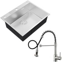 Auralum Max - Lavello in acciaio inox 60 x 49 cm, argento + rubinetto a spirale estraibile, lavello per mobili da cucina da 65 cm e oltre