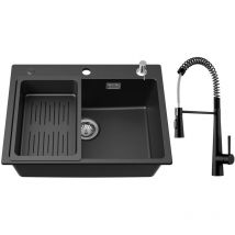 Cecipa Max - Lavello in Quarzo e Resina 6045 cm, con Cestello Scarico Libero e Dispenser Sapone + Miscelatore da Cucina a Molla con 3 Tipi di