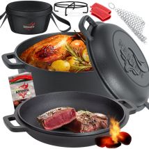 Dutch Oven 2en1 Casserole en fonte 4 8L et poêle 1 8L Cuite au four prête à l'emploi Incl. livre de cuisine Cocotte double fonction couvercle/poêle à