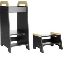 Love For Sleep - Learning Tower Kitchen Helper & Step Stool Set (Anthracite/Pine) - Anthracite/Pine