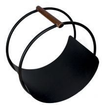 Leather Handle Round Log Holder - Iron - L42 x W30.5 x H43 cm - Black