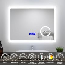 Led Badspiegel 80x60cm mit Uhr Bluetooth 3-fache Vergrößerung Beschlagfrei Badezimmer Spiegel ce IP44 3 Lichtfarbe Dimmbar