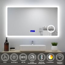 Biubiubath - led Badspiegel 120x70cm mit Uhr Bluetooth 3-fache Vergrößerung Beschlagfrei Badezimmer Spiegel ce IP44 3 Lichtfarbe Dimmbar