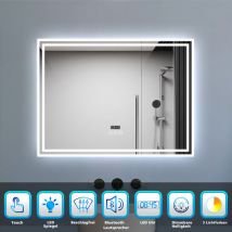 LED Badspiegel 80x60cm mit Uhr Bluetooth 3 Lichtfarbe Dimmbar Beschlagfrei Speicherfunktion Badezimmer Spiegel CE IP44