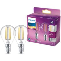 Signify - Philips Ampoule Led Sphérique E14 40w Blanc Chaud Claire, Verre, Lot De 2