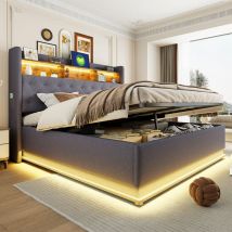 LED Polsterbett 180x200cm, Polsterbett mit Stauraum, USB-Ladeanschluss und hydraulischem Stauraum, hautsympathischer Leinenstoff, Grau
