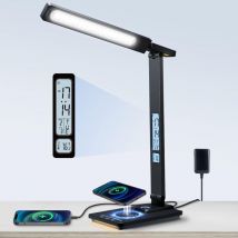 Tonchean - LED-Schreibtischlampe mit kabellosem Ladegerät und USB-Anschluss, Touch-Tischlampe, 5 Farben, 5 Helligkeitsstufen, LCD-Display, 2