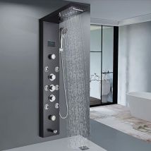 Led Shower Tower Panel Temperature Display Stainless Steel Handheld Sprayer Waterfall and Rainfall Shower Head Massage Jets Multi Function Black Bath