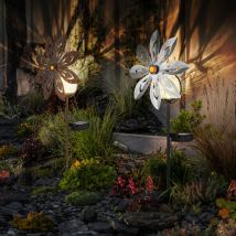 LED Solarlampe Windrad rostfarben Gartendeko Terrassenlampe silber grau Außenlampe Erdspieß, Metall, Bruchglas, warmweiß, LxH 20x50 cm, 2er Set