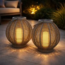 Led Solarleuchte Solarlaterne Rattan Kugel Henkel Außenleuchte Grau Flammeneffekt Solarlampe Laterne, Inkl. Erdspieß, Dxh 38x45,5 Cm, 2er Set