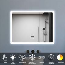Led Spiegel 80x60cm mit Uhr Bluetooth Warmweiß Neutralweiß Kaltweiß Dimmbar Beschlagfrei Badspiegel mit Speicherfunktion ce IP44