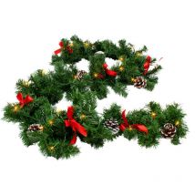 Led Tannengirlande grün mit Zapfen und Schleifen warm weiß beleuchtet - 274 cm mit 50 led - Weihnachtsgirlande Batterie betrieben mit Timer - Deko
