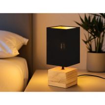 Meinewunschleuchte - Led Tischleuchte Mit Holzfuß Stoffschirm Schwarz / Gold, Höhe 30cm