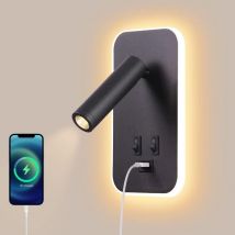 Sjqka - led Wall Light, Bedside Reading Lamp with Switch, usb Charging Port, Adjustable Spotlight for Bedroom Ambient Lighting (Black)