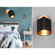 Led Wandstrahler 1 flammig Holzsockel & Stoffschirm Schwarz-Gold Ø12cm