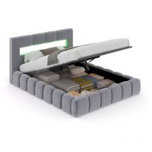 Cloud Bett mit LED Truhe 160x200cm grauer Samt mit Kopfteil und Lattenrost OMAHA