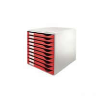 Leitz - Schubladenbox 10 Schubladen din A4 Überbreite Polystyrol Gehäusefarbe: lichtgrau Farbe der Schublade: rot