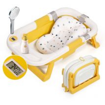 Baby Badewanne mit Badematte, Babywanne Faltbare Babybadewanne mit Tragbarem Digitalem Reisethermometer und Tabletts, Unverzichtbar für Kleinkinder