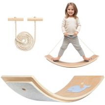 Balance Board Kinder Holz,Wackelbrett Balancierbrett mit Fingerschutz, Balanceboard für Kinder inkl. Seil/Anti-Rutsch/Filz, Balancieren Wobbel Board